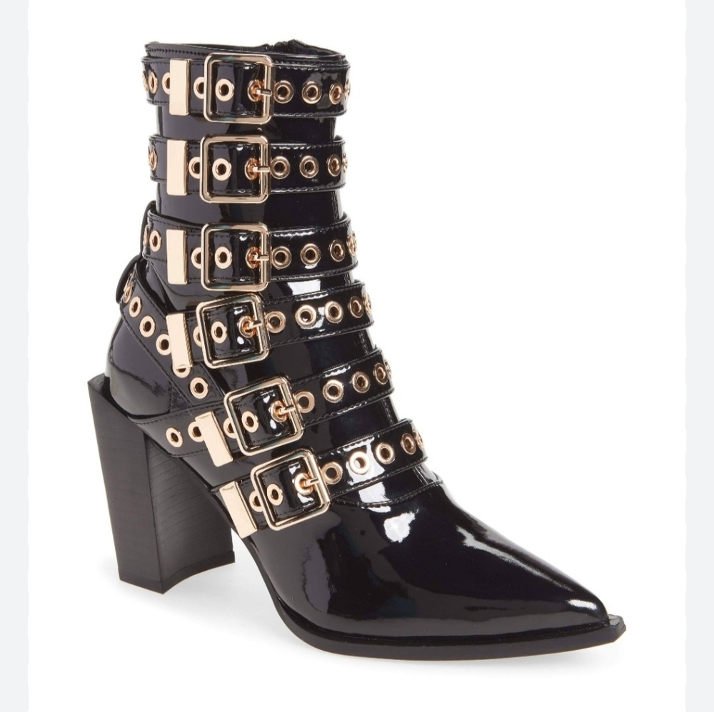 Jeffrey Campbell Black And Gold Buckle Ankle Boots